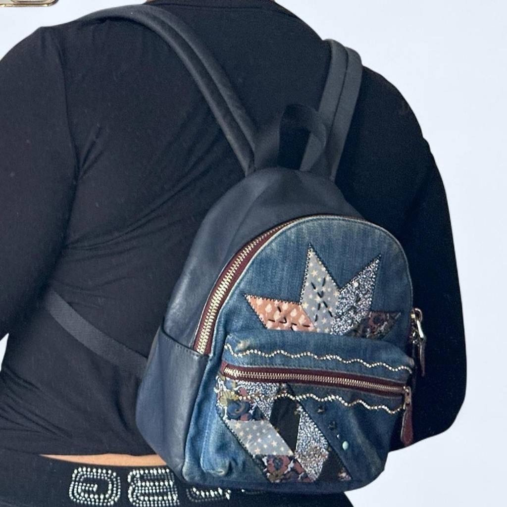 Coach Mini Charlie Blue Denim Backpack W/ Patchwork Star, Leather & Rhinestones